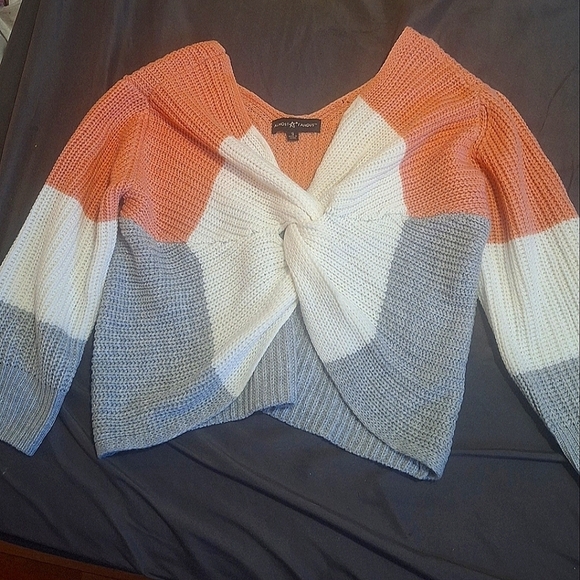 lmost Famous Colorblock Sweater - Coral, White, Gray - Picture 1 of 2